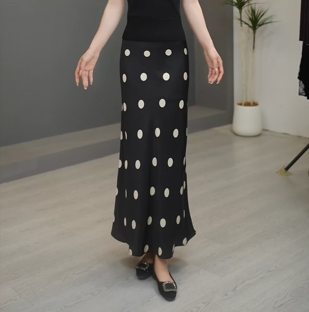 ZIKYOCHEN夏季冰凉感波点裙女高级感气质遮肉显瘦轻奢裙中长裙