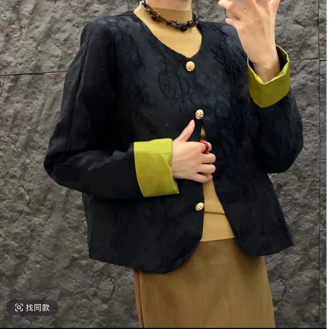 L016提花美拉德圆领外套春夏新款中国风高端气质长袖宽松缎面轻奢