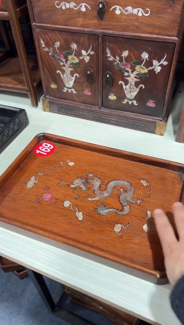 木木 花梨木螺钿镶嵌祥云龙茶盘托盘