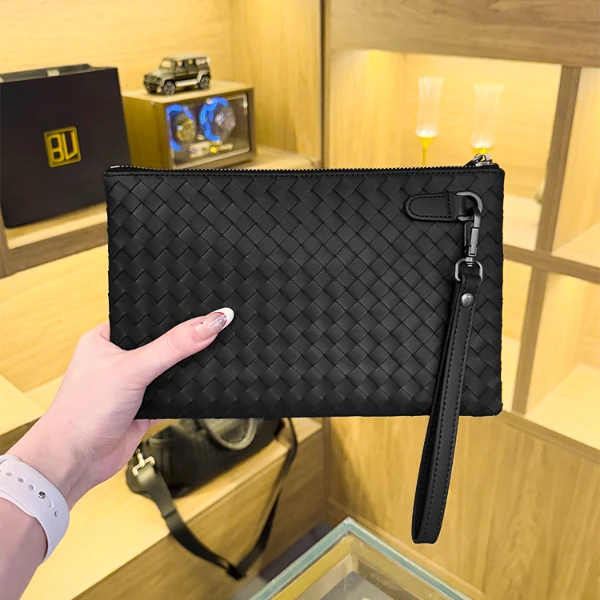 BV头层胎牛皮纯手工编织手拿包手抓包手机包钱包黑色商务休闲时尚