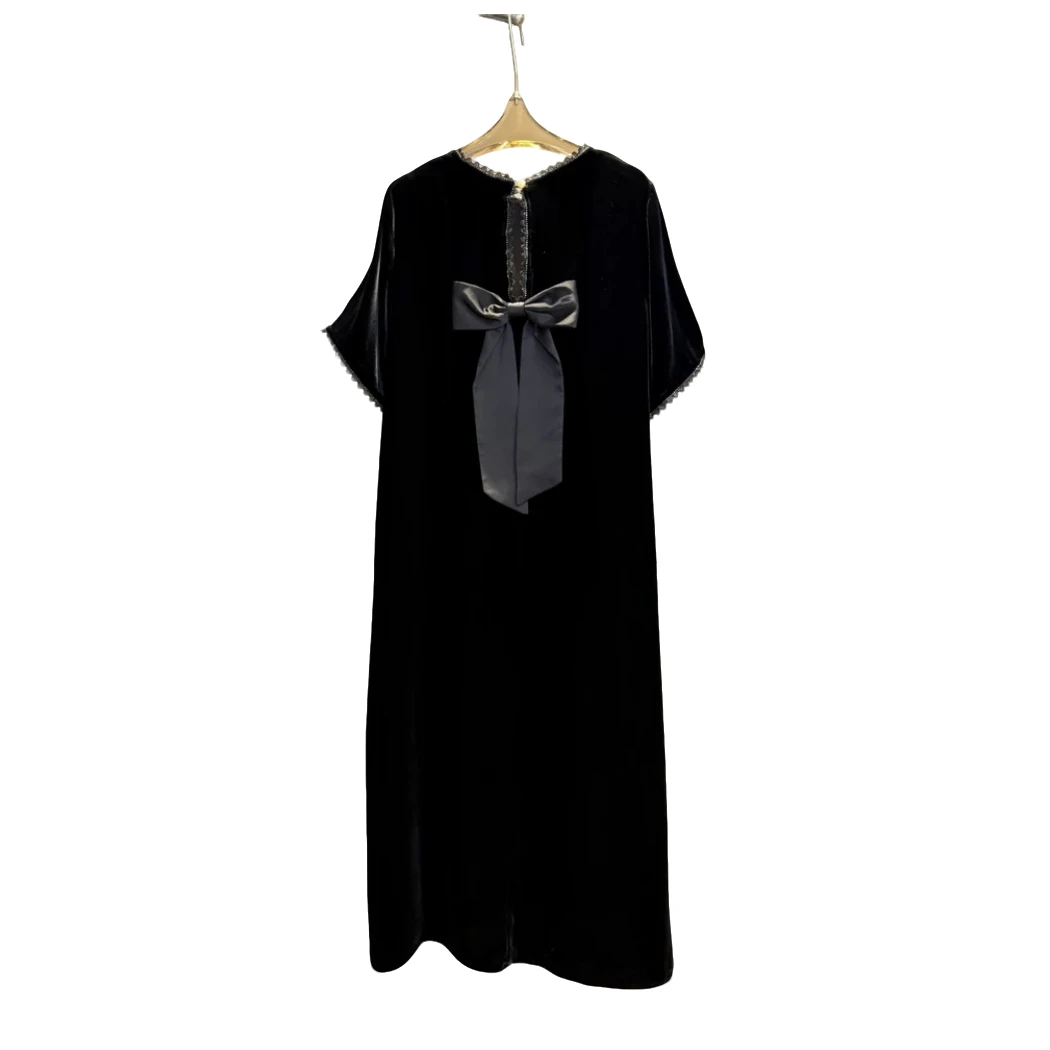 100%桑蚕丝真丝丝绒后蝴蝶结圆领花边洋气连衣裙【0607】