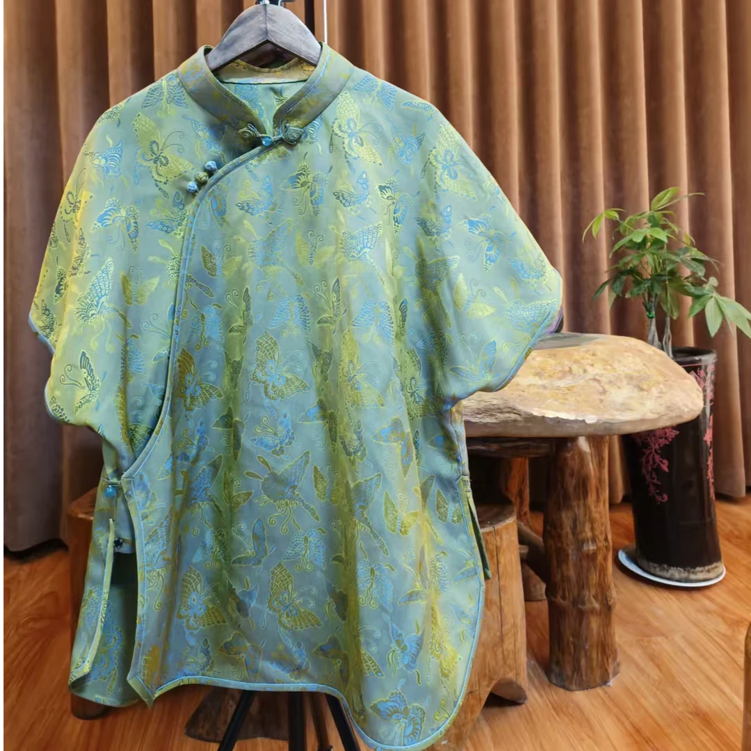 素女馆新款复古蝴蝶斜襟短袖