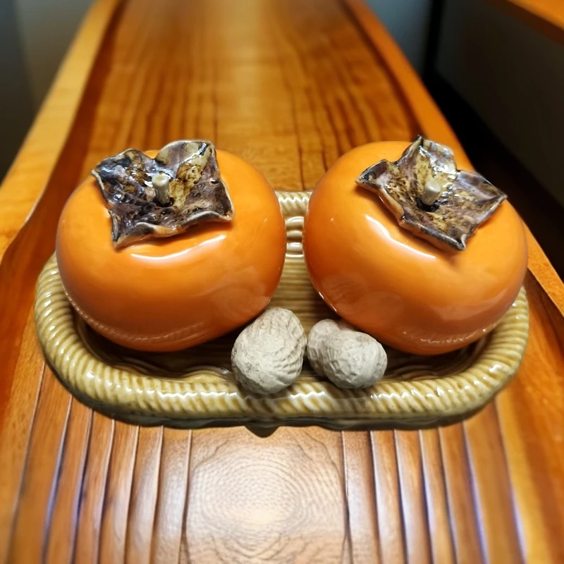 陶瓷乔迁新居柿柿如意摆件双柿子盘开业礼品客厅玄关可爱招财摆设