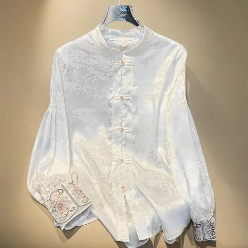 新中式国风衬衣女2025秋季新款长袖复古盘扣刺绣衬衣气质显瘦减龄
