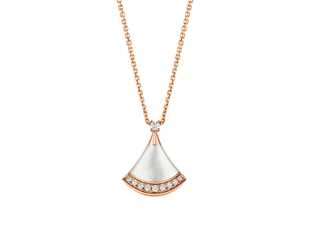99新 BVLGARI/宝格丽 DIVAS’ 18K玫瑰金小号边钻 白扇子 裙子项链
