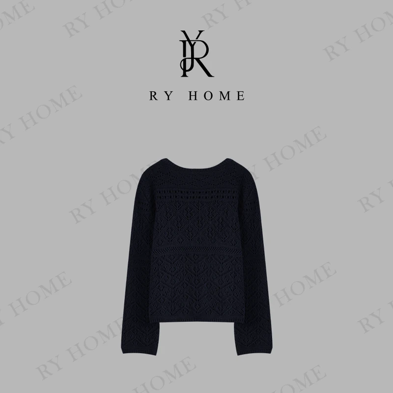 【容雨RYHOME】绵羊毛＋套头圆领镂空长袖毛织衫243M2620