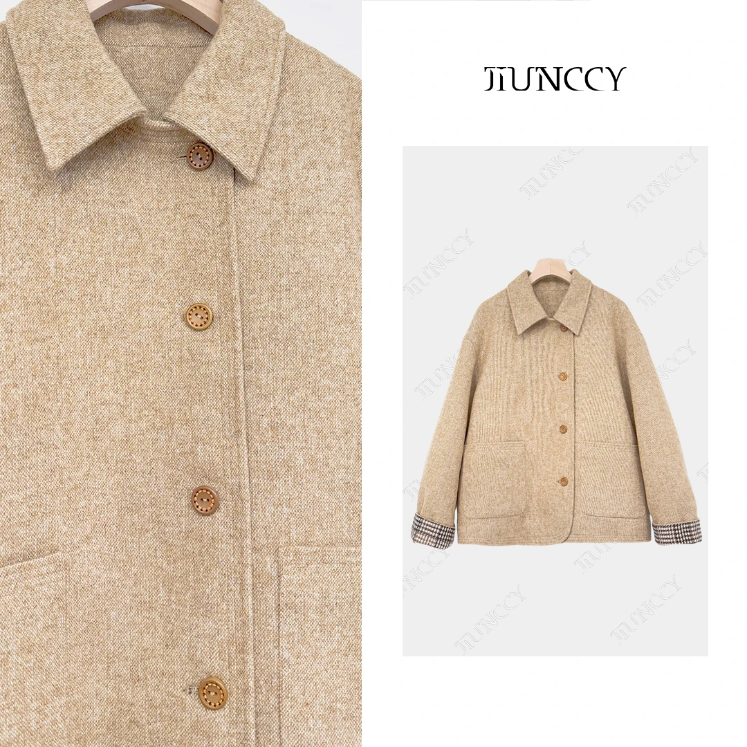 JIUNCCY【银杏】羊毛花纱混纺翻领太阳花扣90白鹅绒服大衣 42YRF119