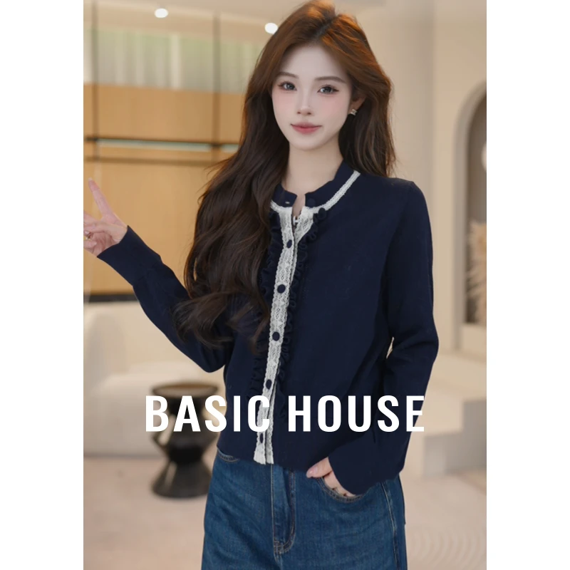Basic House/百家好秋季新款圆领撞色单排扣针织开衫B1195B5Z712