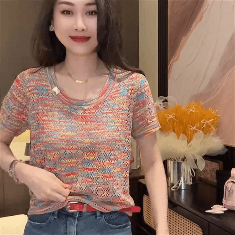 2025夏季新款针织衫女韩版时尚百搭彩绘艺术感圆领短袖针织衫9256