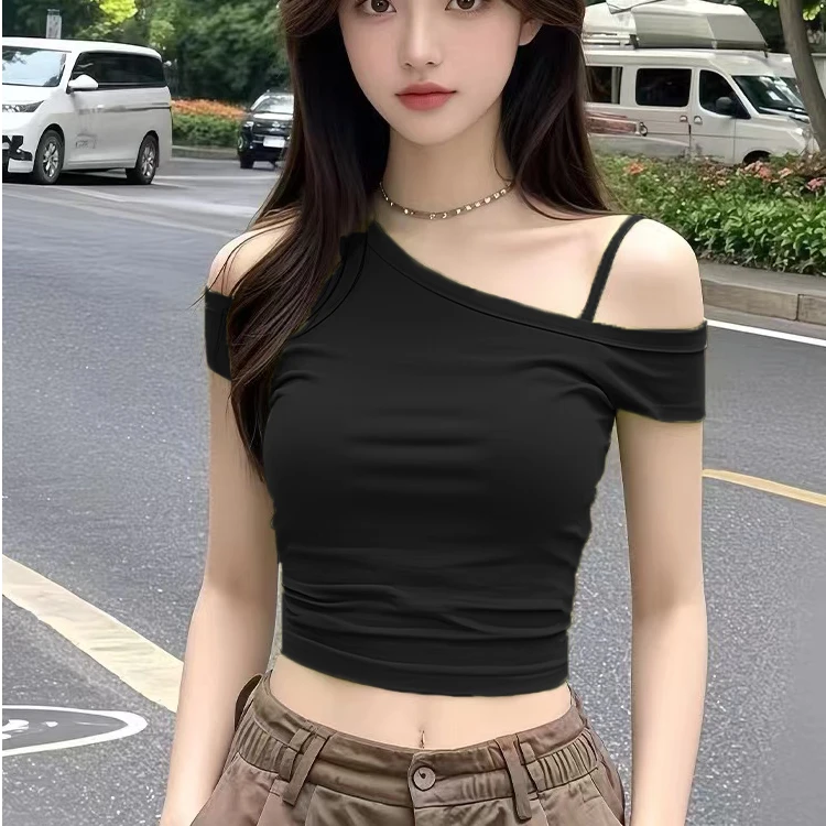 夏季新款黑色短款露肩T恤女潮辣妹装短袖修身显瘦百搭设计感上衣