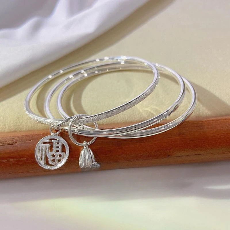 足银手镯 A84三生三世银手镯简约9999银福牌三圈手环送女友
