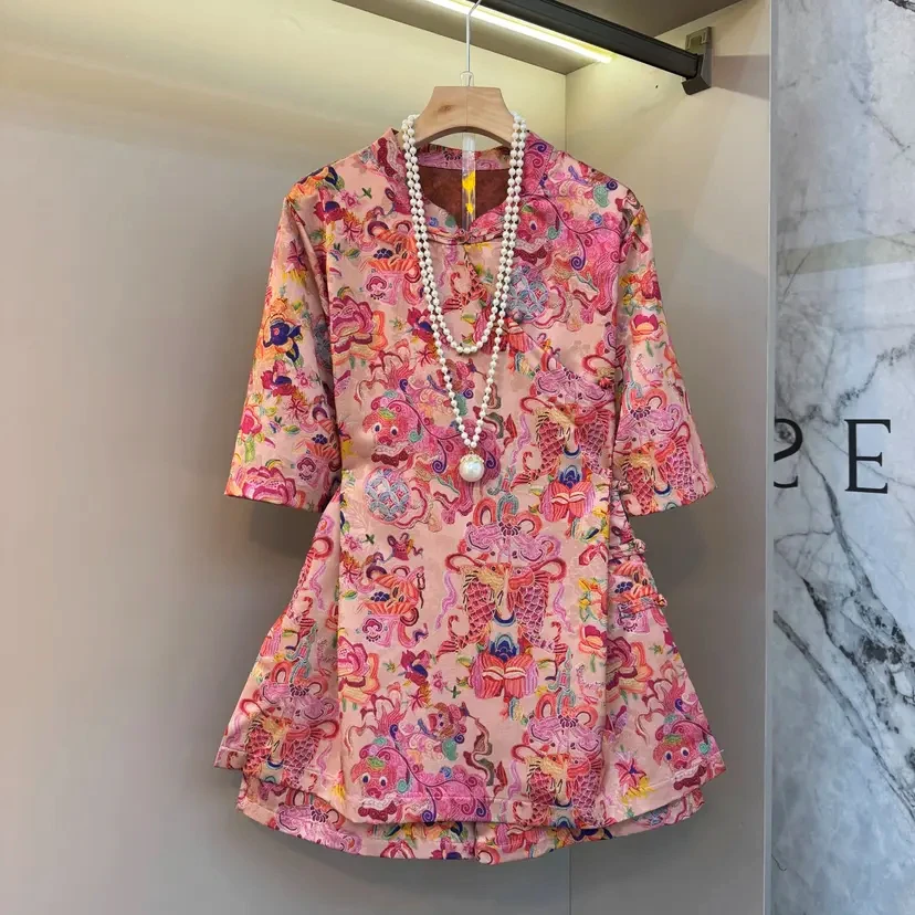 【两件套】新中式夏季中长款开衩缎面立领短袖套装女气质百搭短裤装