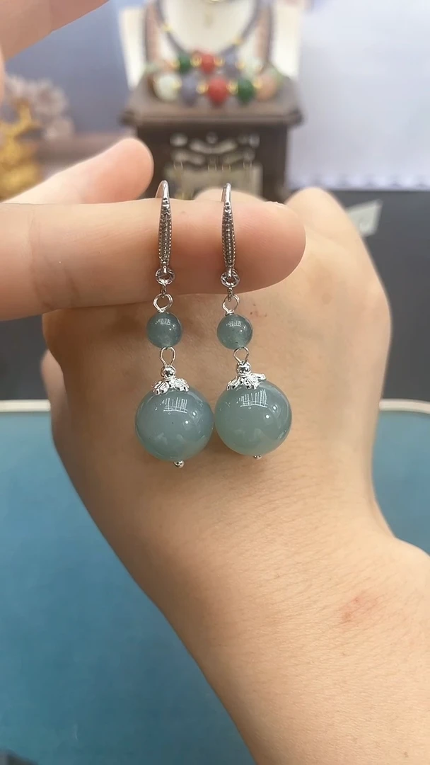 翡翠银S925镶嵌耳饰14mm蓝水双珠