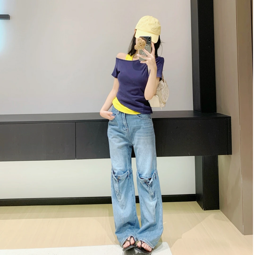 【现货】Leathercat牛仔裤女秋季2025拼接设计高腰显瘦宽松直筒裤