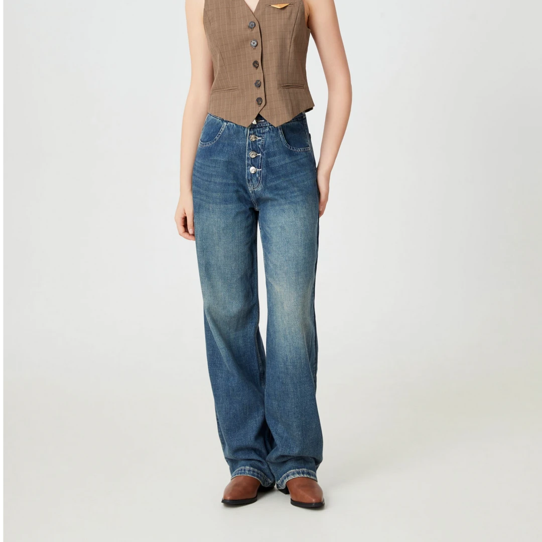 诗堤俪丝蓝色复古阔腿牛仔裤12231