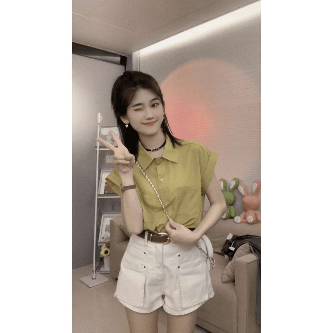 韩版短袖衬衫女法式上衣夏季新款设计感小飞袖无袖宽松百搭衬衣女