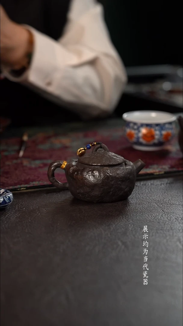 130c伟壶柴烧小泡壶 景泰蓝石来运转