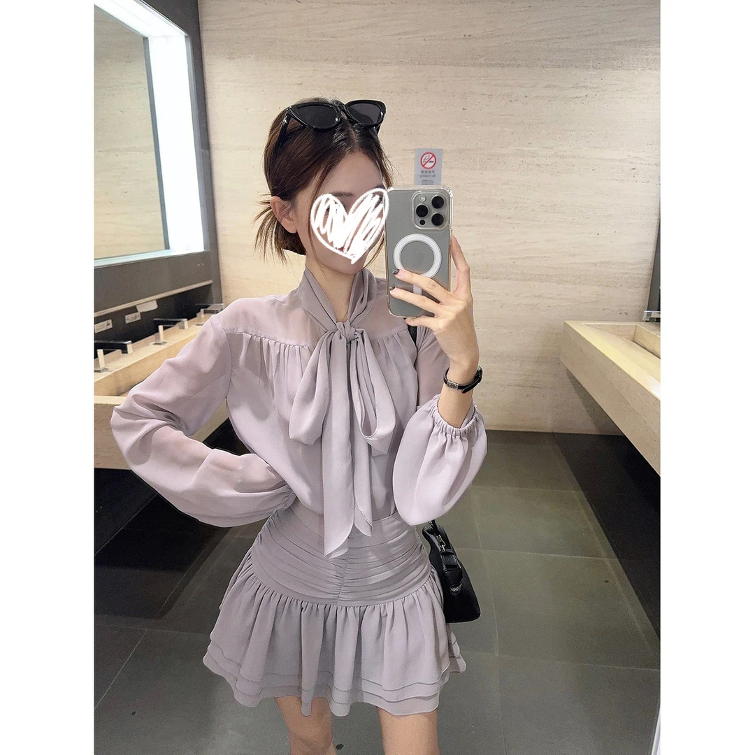 【月落星河】蝴蝶结衬衫+显瘦半身短裙两件套8302