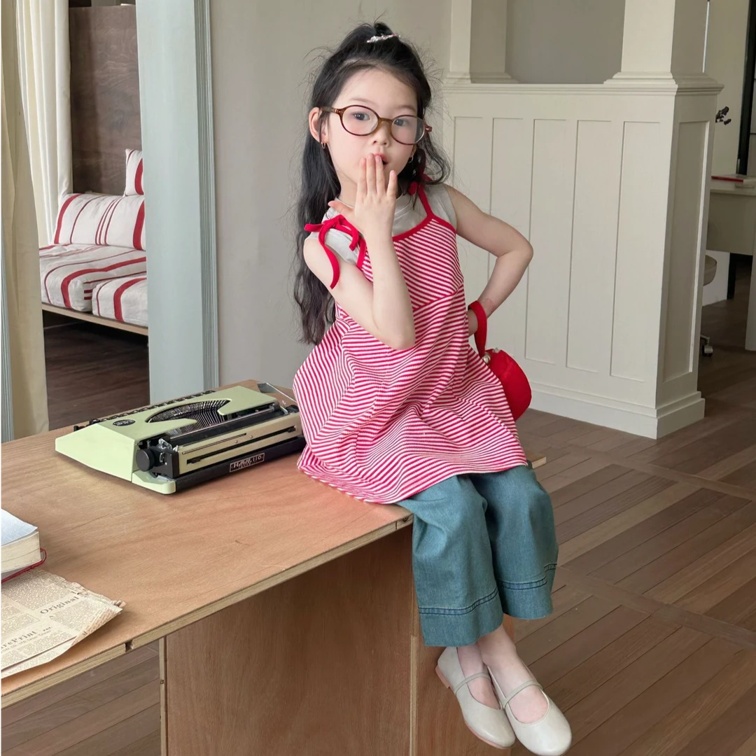 2025夏季新品 韩版童装 女童条纹吊带裙 宝宝吊带A字裙 内搭背心