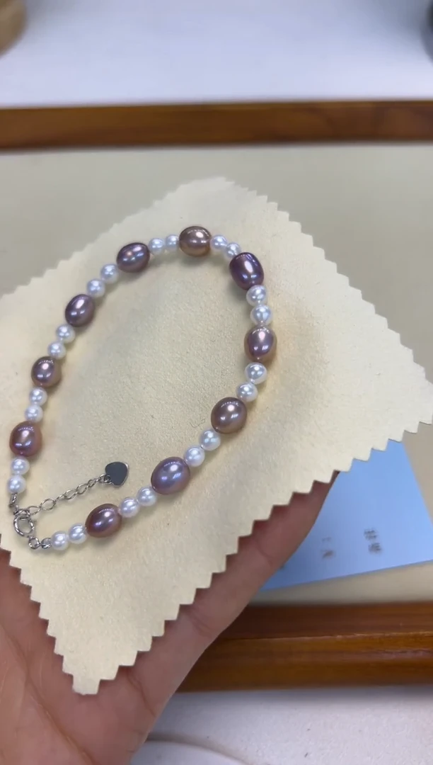 银S925镶嵌手绳淡水珍珠微**活糖果