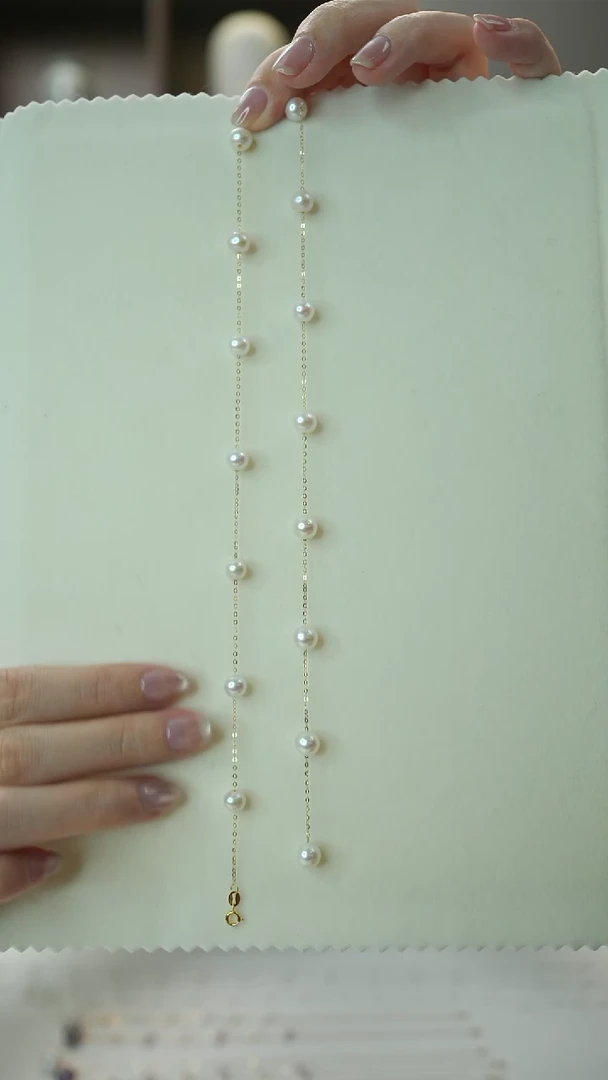 项链18K金镶嵌淡水珍珠15颗6-7mm18K金满天星白色