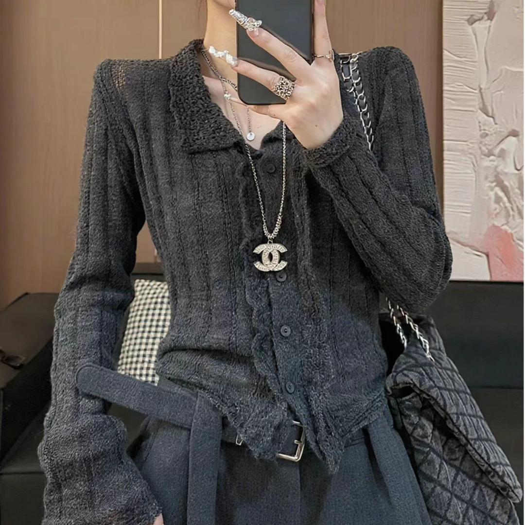 SM潮流设计感秋季新款韩版修身显瘦高级感翻领针织开衫打底上衣女