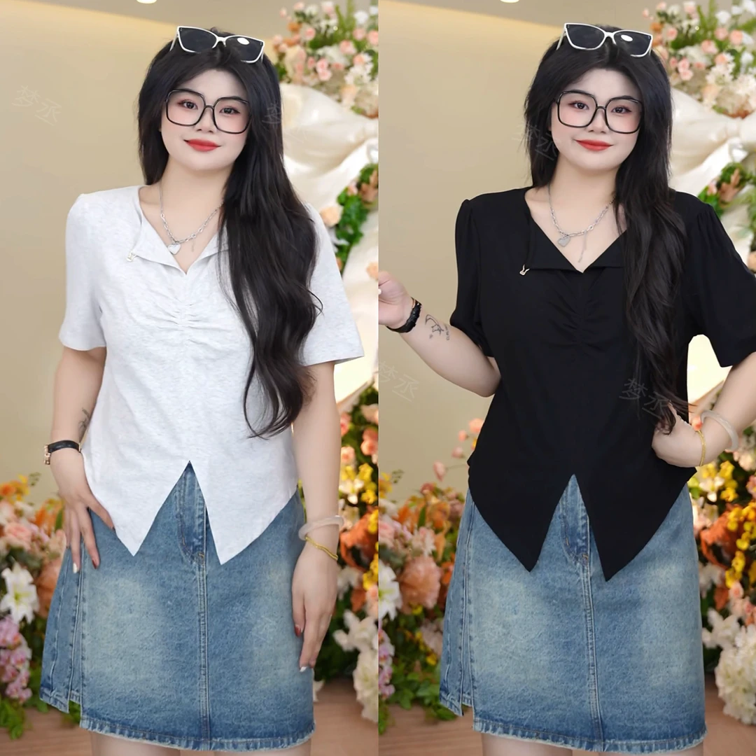 梦丞【纯纯欲动】大码女装V领气质开叉显瘦宽松百搭纯色系短袖上衣