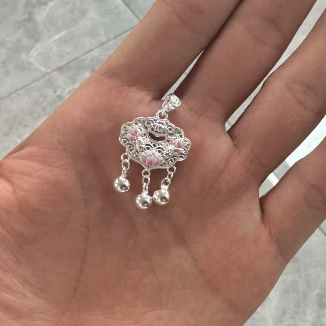 九乐 吊坠足银珐琅 锦鲤戏莲如意锁吊坠