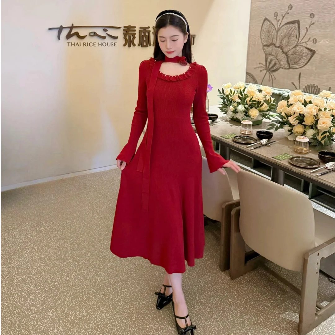 商场同款2024冬款新年圣诞优雅气质红色针织中长打底连衣裙