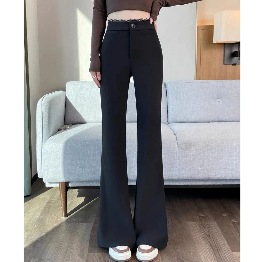 蕾丝花边拼接西装裤女2025春高腰弹力微喇马蹄裤垂感显瘦喇叭休闲