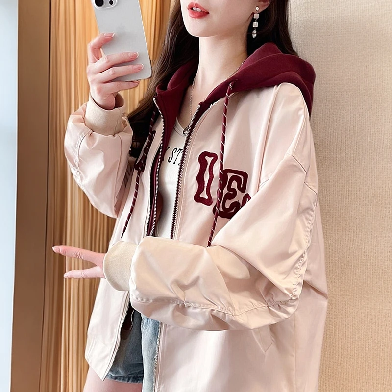 女大童春装外套新款初中高中生少女美式洋气时髦连帽假两件棒球服