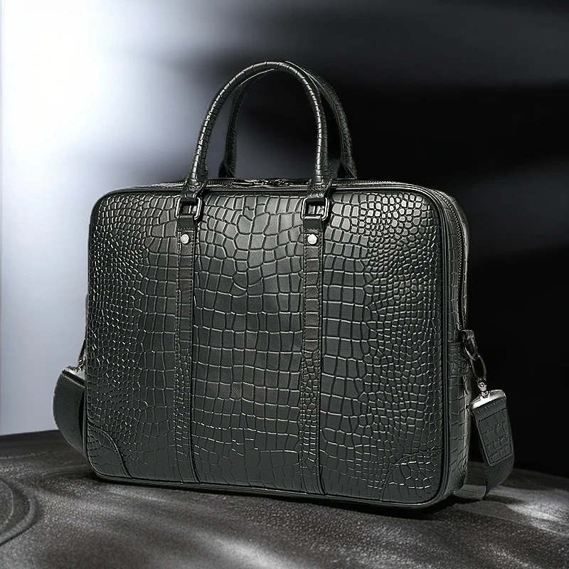 头层牛皮鳄鱼纹休闲百搭高端公文包真皮商务托特包商务包男士包
