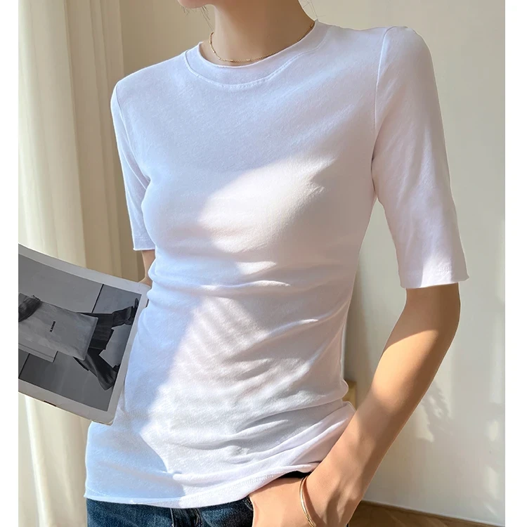 莫代尔白色五分袖女士t恤2025新款夏季紧身短袖中袖打底正肩上衣