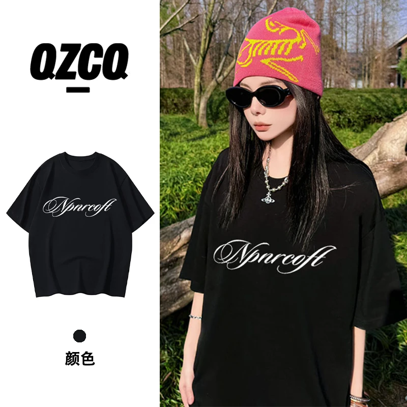 QZCQ美式复古宽松港风百搭短袖t恤韩版潮休闲上衣圆领时尚潮流ins