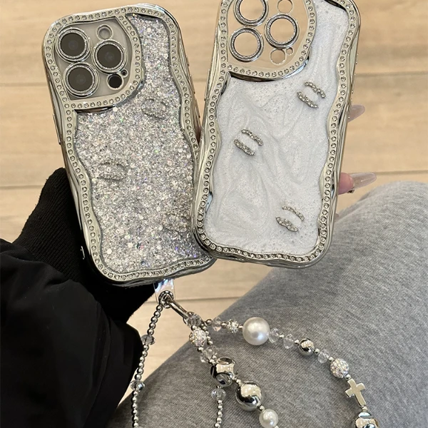 电镀水钻框波浪小香适用苹果16promax手机壳iphone15/14/13全包女