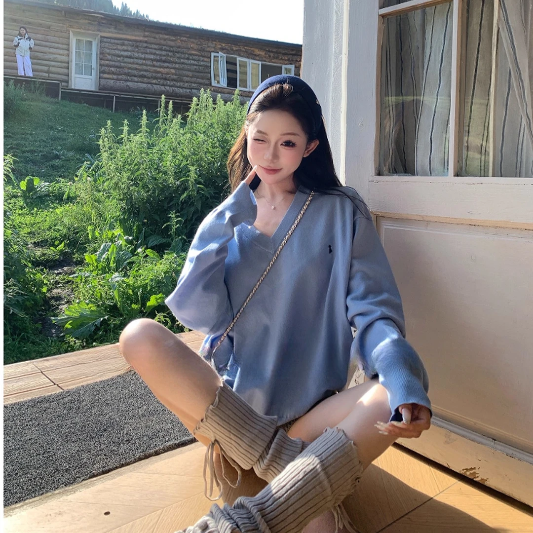 高端货~小马刺绣V领宽松慵懒风长袖T恤女秋季宽松休闲显瘦上衣