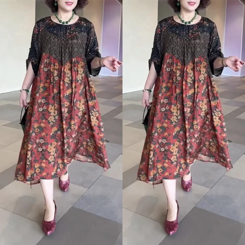 528时尚洋气2025夏新款印花高级感宽松遮肉连衣裙妈妈中长款裙子