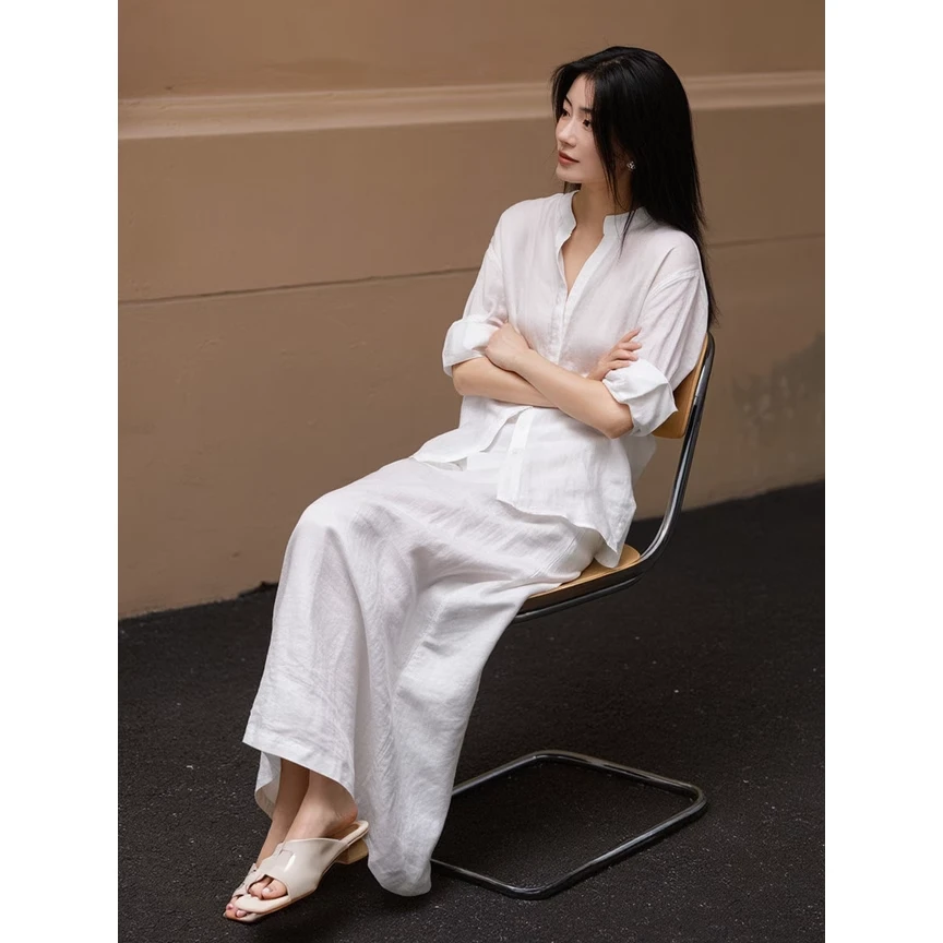 高端白色亚麻衬衫套装裙女春季极简风慵懒感衬衫半身裙休闲两件套
