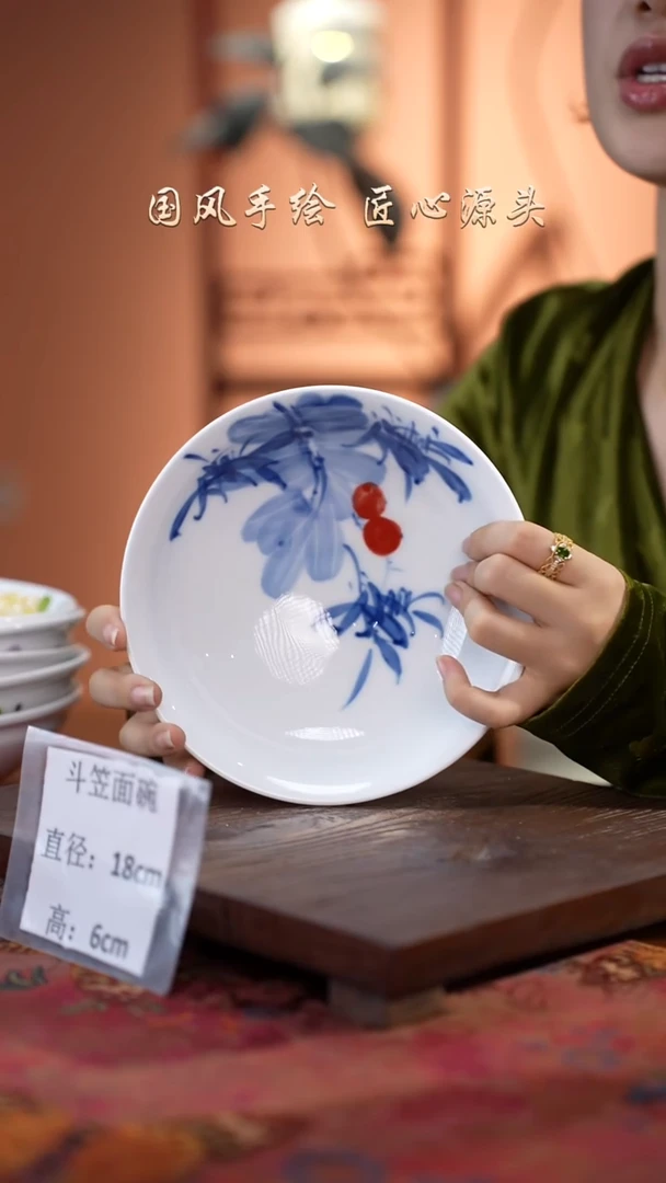 陶瓷景德镇高温釉中彩斗笠面碗直径18高6