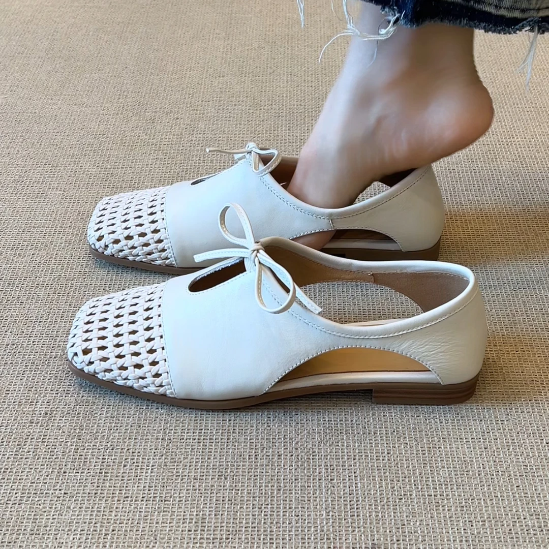 RubyL/2cm法式通勤舒适百搭镂空透气编织方头系带粗跟浅口单鞋