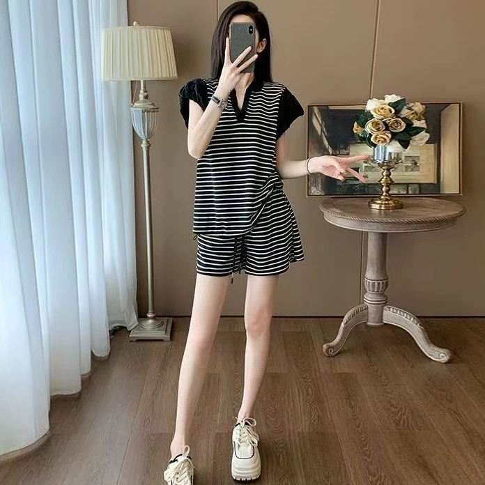 韩版小个子条纹休闲女2025新款百搭短袖两件套夏季修身运动套装
