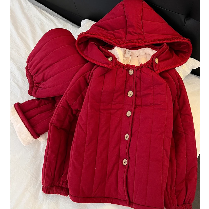 韩版显瘦红色夹棉连帽睡衣复古女秋冬季加绒加厚本命年家居服套装