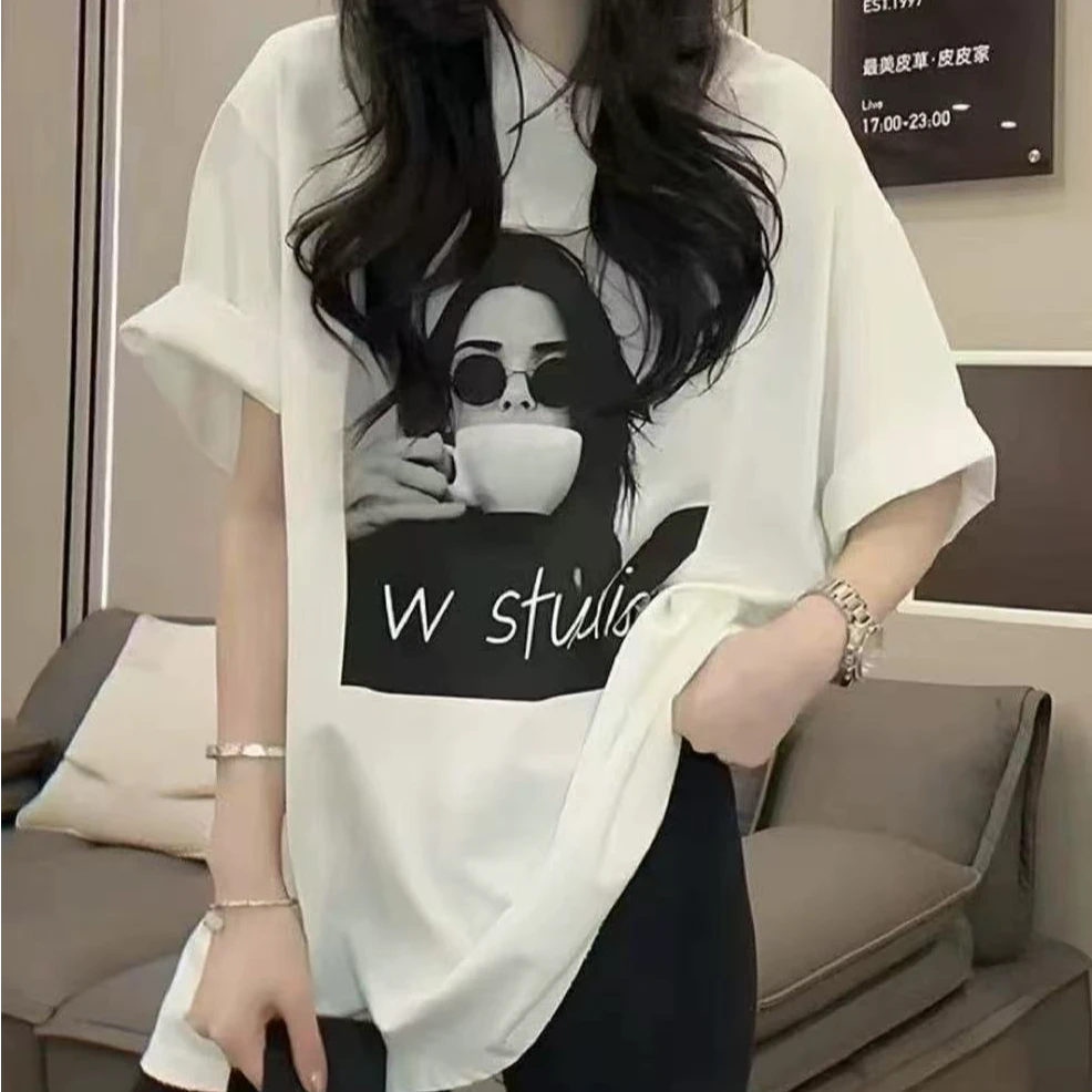 9301番外夏季宽松套头美式头像印花减龄个性大版短袖懒人T恤女