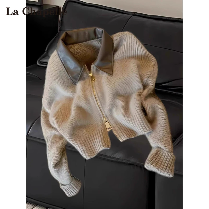 拉夏贝尔咖色polo领拼接长袖针织衫女春秋季高级感双拉链毛衣外套