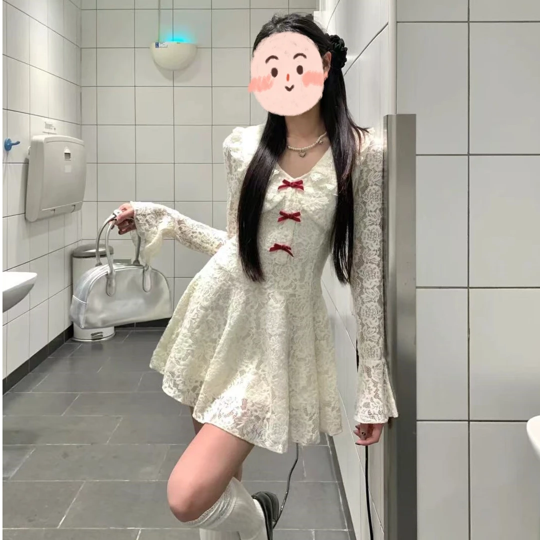 【白色恋人】纯欲风性感辣妹蕾丝蝴蝶结连衣裙女春秋高级感收腰显瘦
