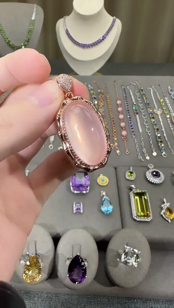 颈饰银S925镶嵌芙蓉石14*24mm吊坠星光粉水晶