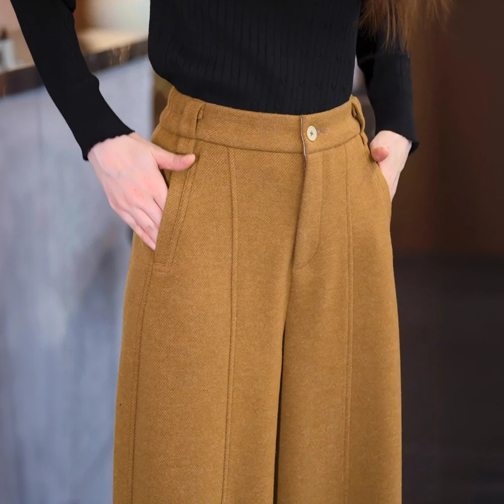天丝羊毛呢弯刀裤女秋冬季2025新款超好看姜黄色休闲直筒香蕉裤子
