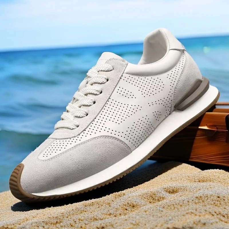 夏季打孔头层牛皮小白鞋男休闲运动版潮流新款透气百搭德训鞋