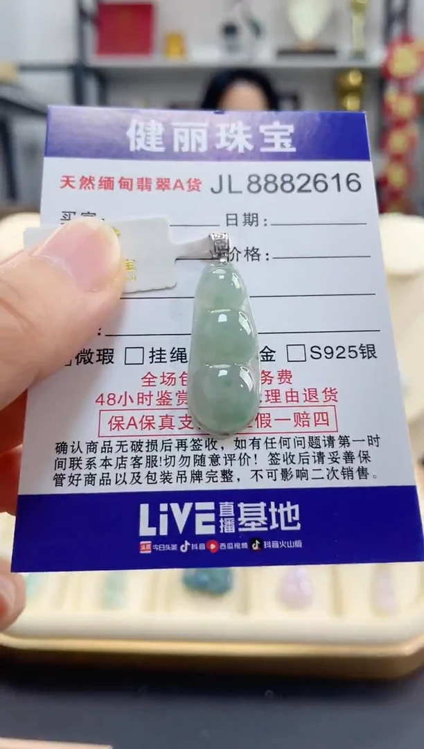 颈饰18K金镶嵌翡翠天然缅甸翡翠A货 富贵豆(一物一证)+银链