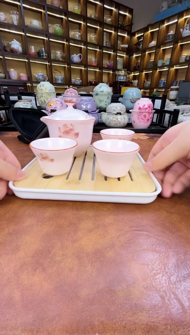 粉汝莲花3杯款旅行+正方竹木盘